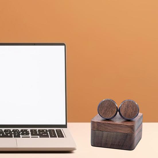 1 Pair Wooden Cufflinks with Storage Box Portable Magnetic Closure Men French Style