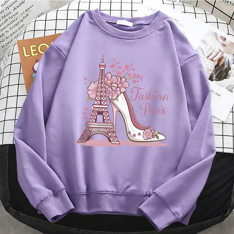 Fashion Paris Print Y2k Womens Hoodies 90s Long Sleeve Warm Fleece Sweatshirt Soft O-Neck Pullover Casual Female Clothes