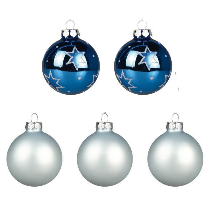 Set de 5 boules décorées - 1001kdo - Bleu - Diamètre 6 cm - Mat et brillant