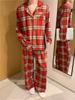 Корейская пара красная клетка кружево длинный рукав пижама
