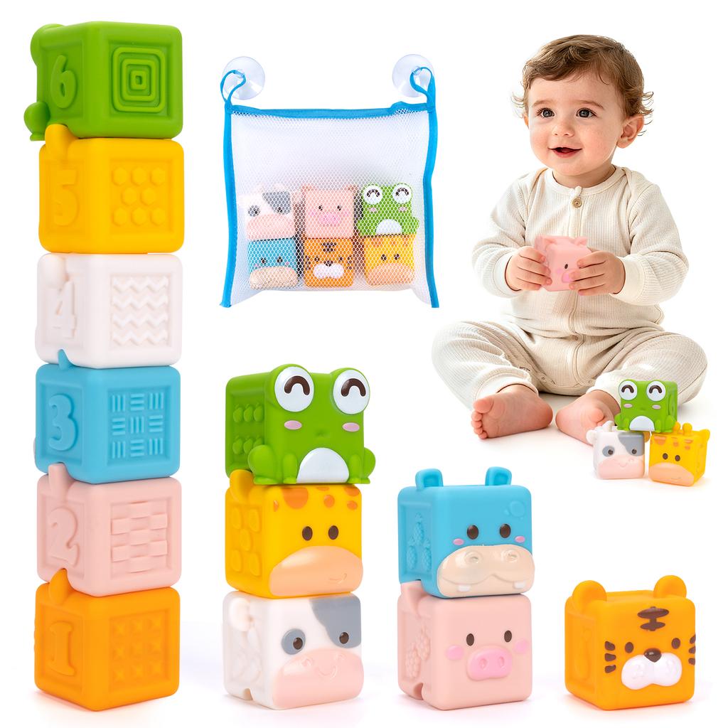 3D кубики с животными, развивающие игрушки для stacking, мягкие силиконовые строительные блоки для малышей, игрушки для ванны, игрушки для малышей, раннее развитие, сенсорные, Монтессори