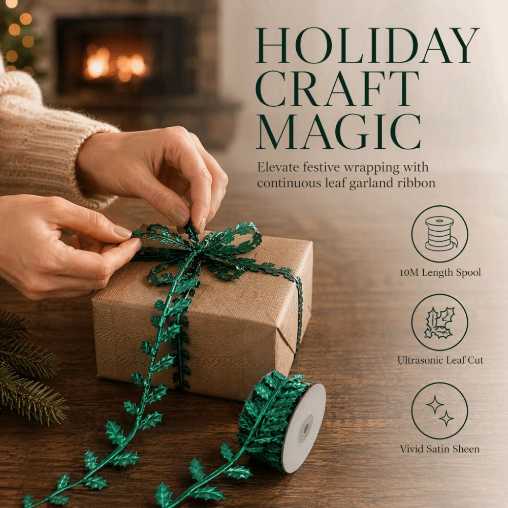 Multi Color Satin Ribbon Ultrasonic Cut Foliage Ribbon Handmade Bow Leaf Trim Tree Ornament