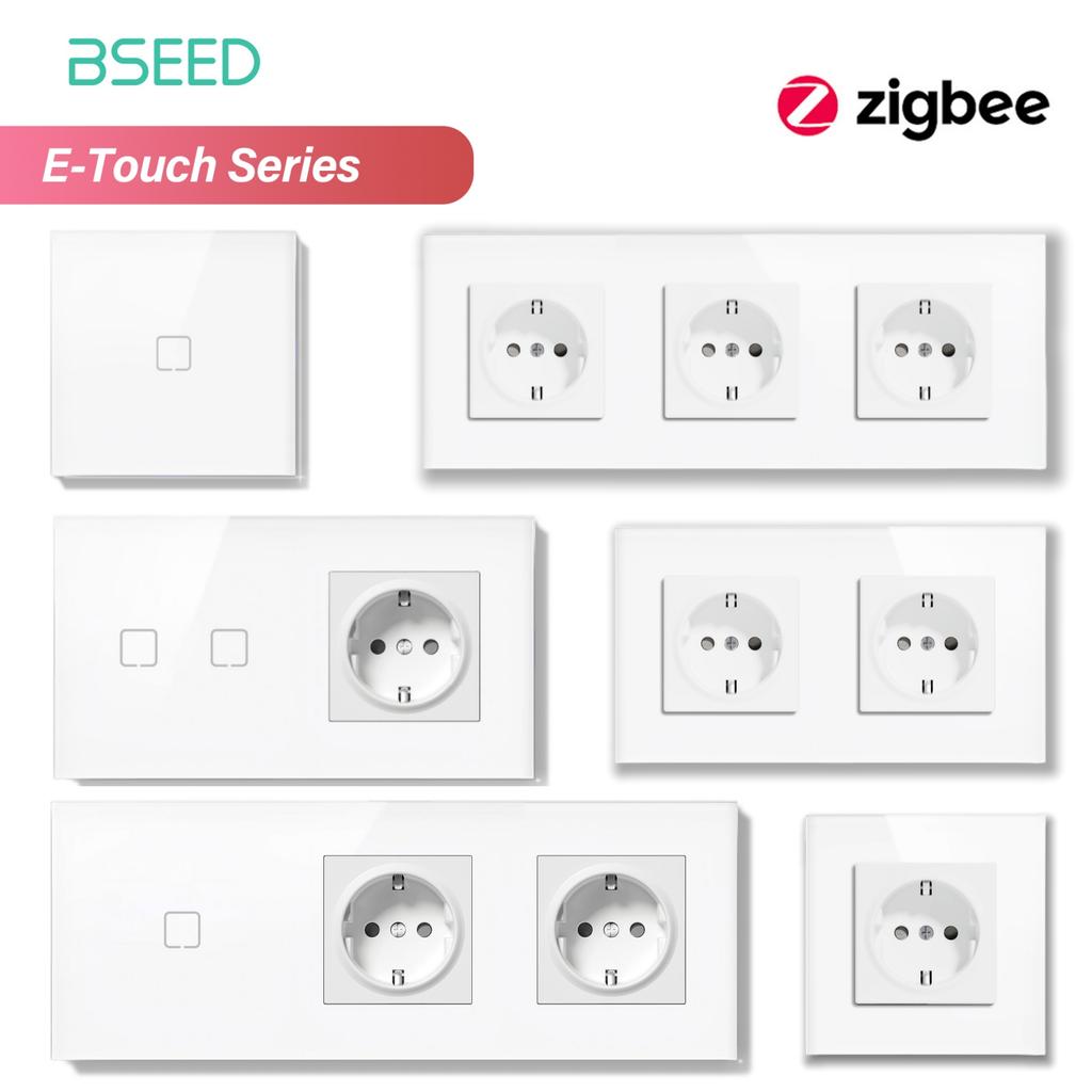 BSEED 1/2/3/4-клавишный сенсорный выключатель Zigbee, стекло с розетками EU, умный настенный выключатель света, сенсорный экран, подсветка, серия E