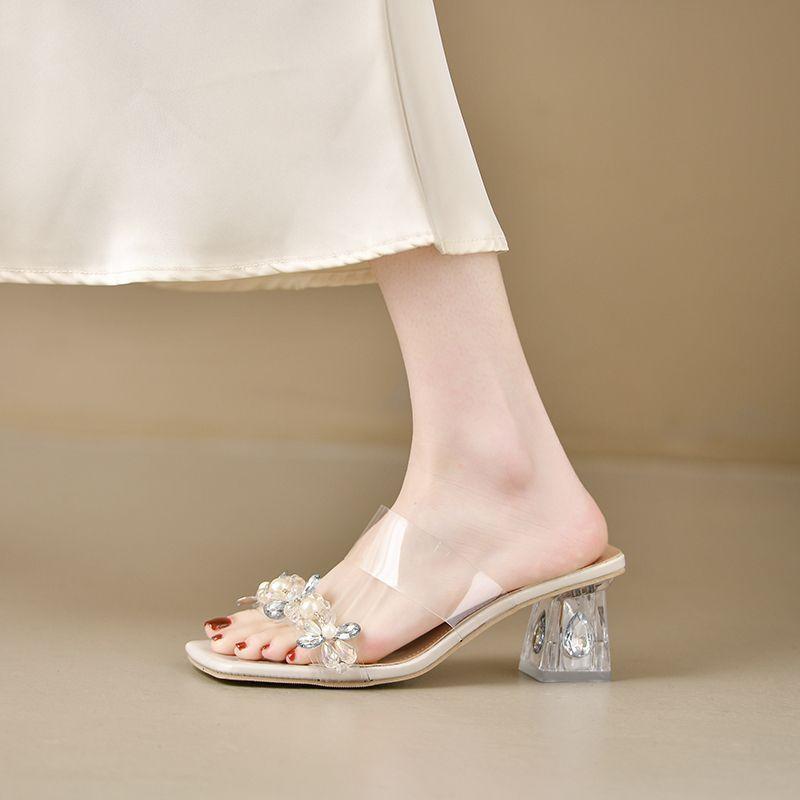 Темпераментные туфли на высоком каблуке в сказочном стиле, квадратный носок, толстый каблук, хрустальные сандалии, лето 2025, изысканные стразы, прозрачные крутые шлепанцы женские