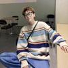 Мужской свободный полосатый свитер с круглым вырезом, осенний вязаный пуловер большого размера, зимний теплый трикотаж