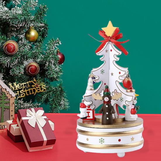 Wooden Christmas Tree Music Box Rotating Music Box Holiday Desktop Figurine for Living Room Bedroom Party Decoration
