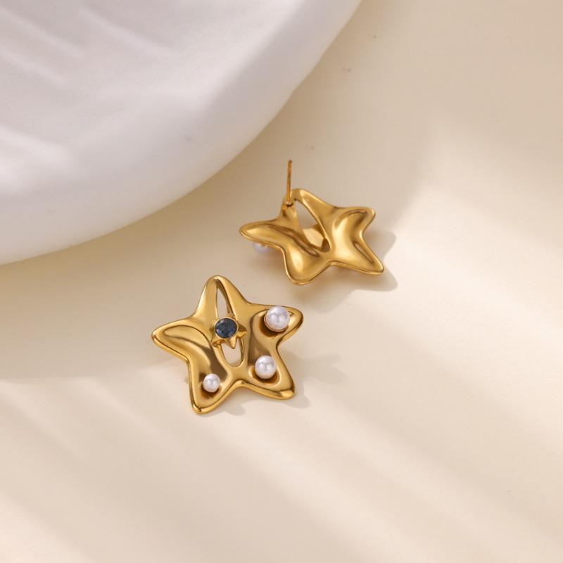 Shell Starfish Zircon Stud Earrings Fashionable Versatile Women's Stainless Steel Casting Personalized Light Luxury Earrings