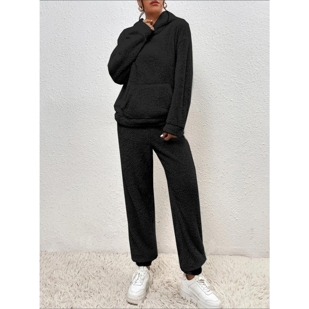 Осенне-зимняя однотонная женская одежда, худи с длинным рукавом, накладной карман, повседневные брюки, домашний комплект из двух предметов