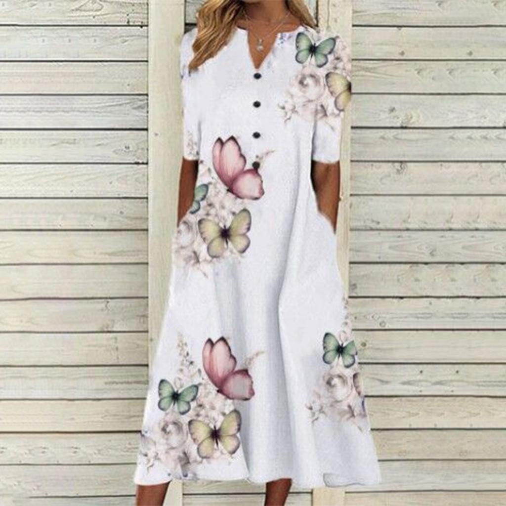 Женское платье миди с короткими рукавами и цветочным принтом бабочки, повседневное длинное пляжное платье с v-образным вырезом и карманами на пуговицах