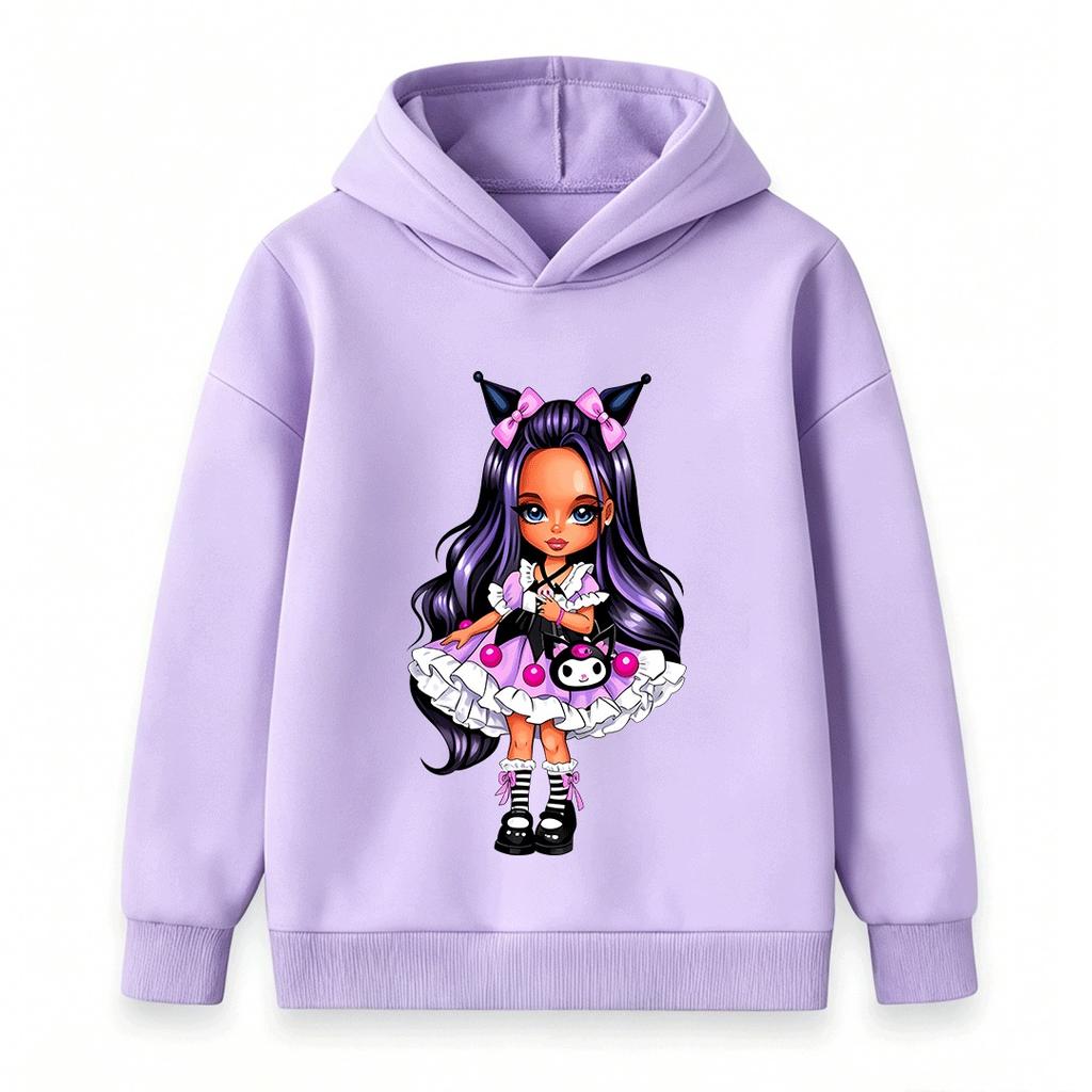 Kids Girls Boys Cute Purple Long Hair Cartoon Character Print Hooded Sweatshirt Casual Pullover Hoodie Tops For Children Daily Party Street Wear