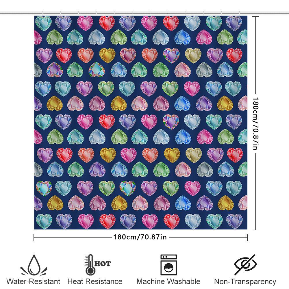Colorful Gem Shower Curtain Set Bath Decor with Heart Shape Design Washable Fabric for Bathroom Various Colors Available