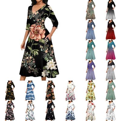 Женское повседневное модное платье миди с V-образным вырезом и рукавом три четверти