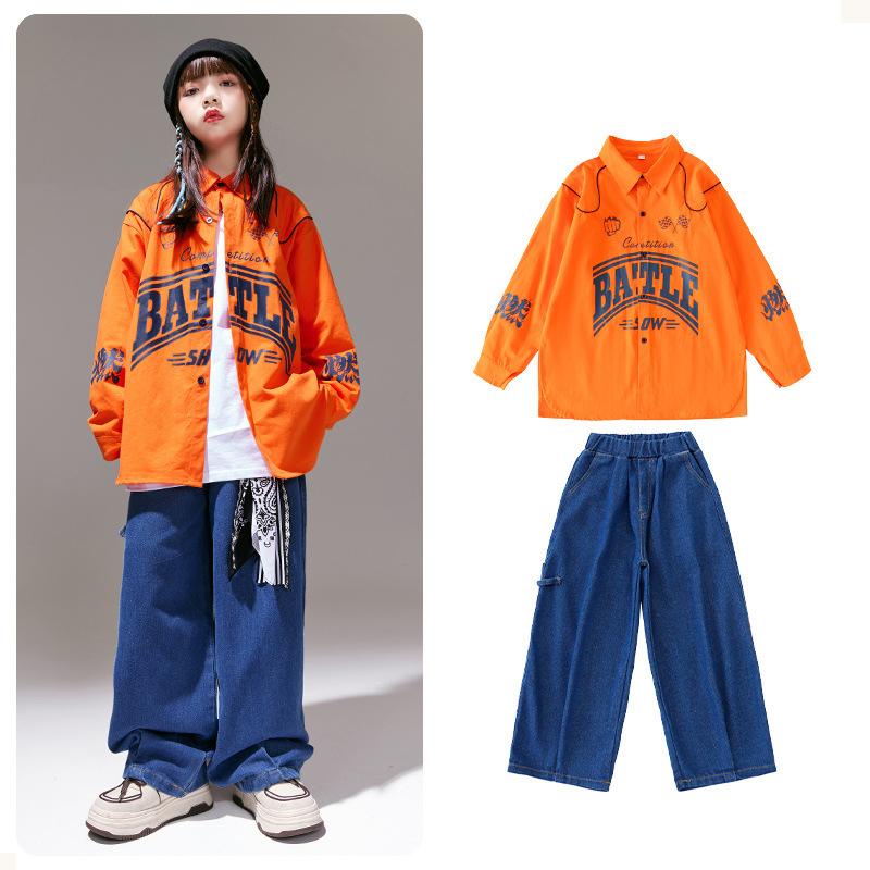 Spring Children's Hip Hop Girls Cool Shirt Loose Jeans Boys Jazz Jacket Cargo Pants Children Streetwear Costumes Kids Street Dance Clothes Sets