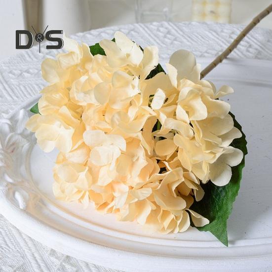 Artificial Hydrangea with Green Leaves Stem Realistic Fake Flower Wedding Home Office Table Centerpiece Faux Floral Branch Flower Arrangement