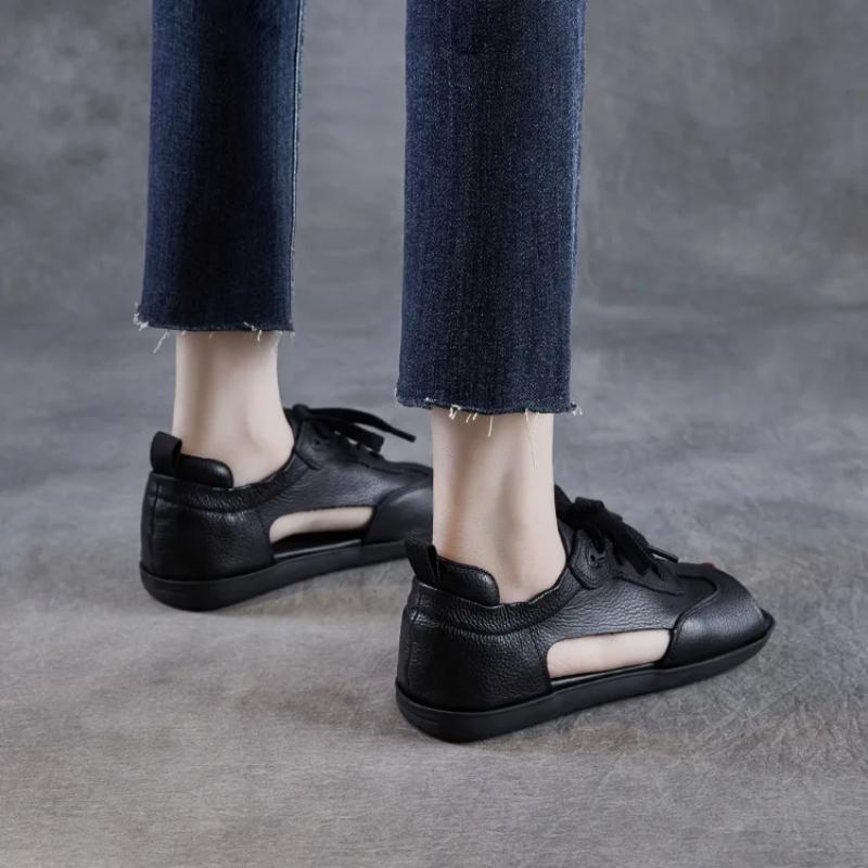 Johnature Сандалии из натуральной кожи с открытым носком, в стиле ретро, на плоской подошве, со шнуровкой, на мягкой подошве, женские туфли