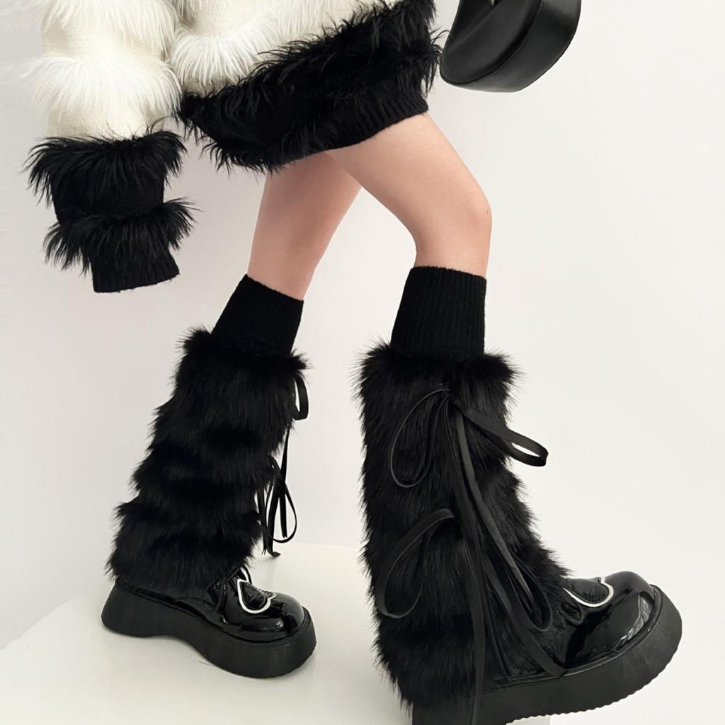 Bow Knot Leg Warmers Thickened Imitation Rabbit Fur Women Leggings Boots Cover Lolita Punk Harajuku Party Accessories