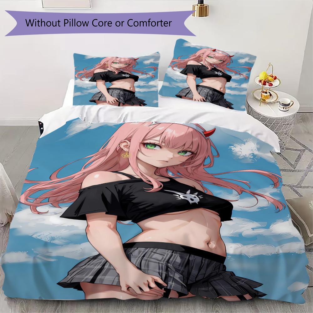 Darling In The Franxx Pattern Bedding uilt Set uilt Cover Pillowcase Home Decoration Birthday Gift (1 * duvet cover + 2 * pillowcase without core)