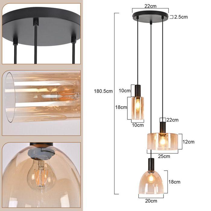 Lampe suspendue - NETTLIFE - 3 lumières - Fer et verre - Culot E27 - Style scandinave