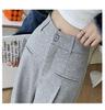 Gray High-Waisted Wide-Leg Pants for Petite, Loose Casual Commuter Style, Floor-Length for Spring/Autumn.