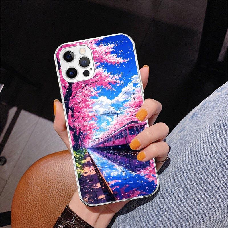 Ретро японский поезд Сакура Чехол для телефона для iPhone 17 Air 16 Pro Max 16E 15 + 14 Plus 11 12 13 Mini 7 8 SE Подарок Печатная крышка Funda