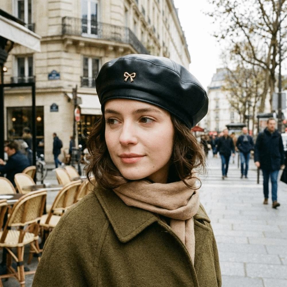 Bow Octagonal Hat British Style Painter Hat Fashion PU Leather Beret Streetwear