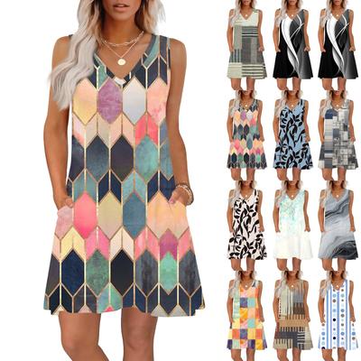 Женские летние платья свободного кроя с принтом V-образным вырезом без рукавов сарафаны пляжное гавайское платье с карманами