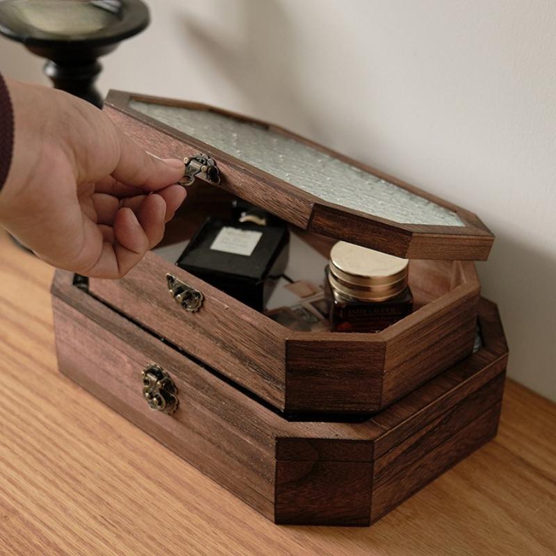 Wooden Jewellery Box Glass Flip Cover Necklaces Storage Boxes Bracelet Ring Organizer Box Large Capacity Storage Casket Jewelry