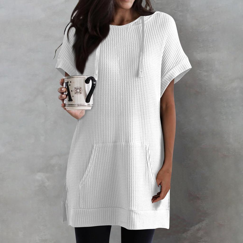 Женские однотонные свободные рубашки, толстовки с короткими рукавами и шнурком, вязаная туника с боковыми разрезами, топы с капюшоном и карманом