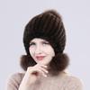 Women Winter Thick Real Mink Fur Hat with Fox Fur Pompoms Knitted Natural Fur Cap Lady Outdoor Warm 100% Real Mink Fur Hats