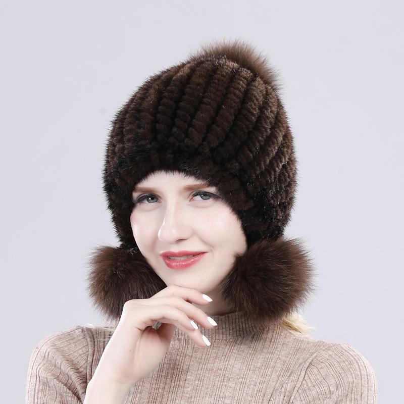 Women Winter Thick Real Mink Fur Hat with Fox Fur Pompoms Knitted Natural Fur Cap Lady Outdoor Warm 100% Real Mink Fur Hats