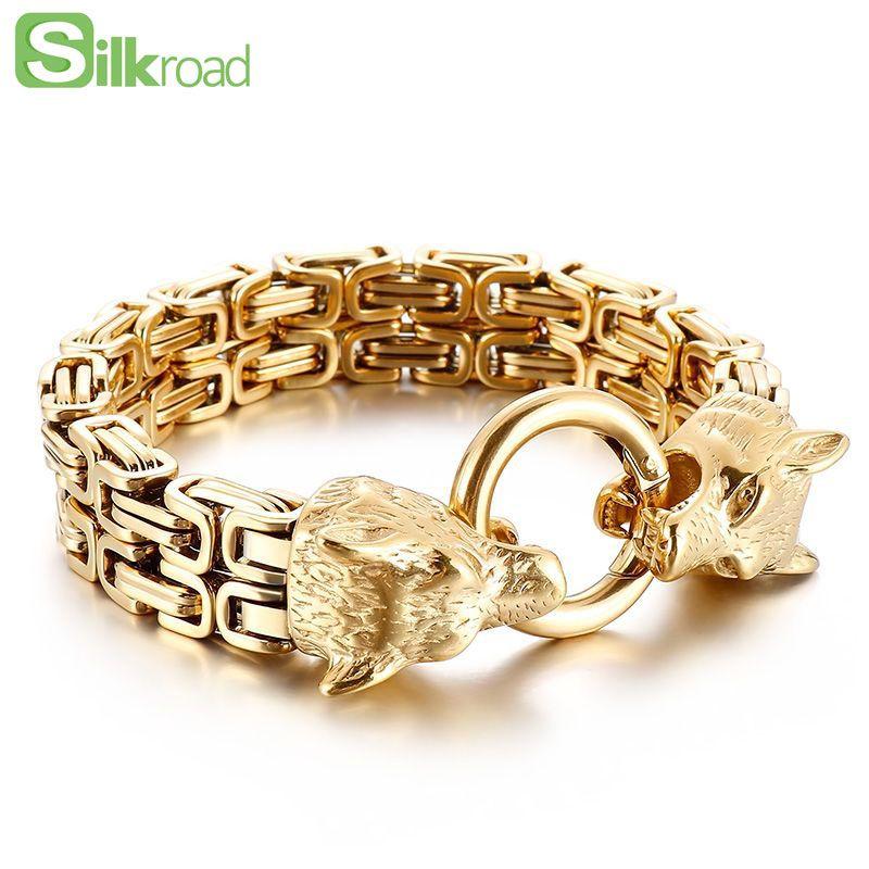 Браслет из нержавеющей стали Nordic Viking с двойной головой волка, мужской ретро-панк