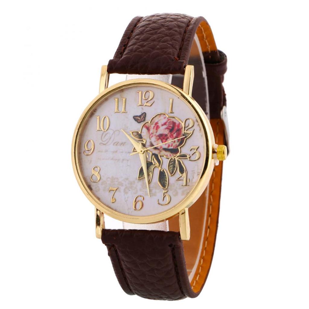 Useful Women Number Rose Flower Round Dial Faux Leather Band Quartz Wrist Watch