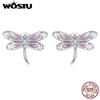 925 Sterling Silver Fine Pink Dragonfly Stud Earrings Insect Animal Ear Studs for Women Original High Quality Jewelry