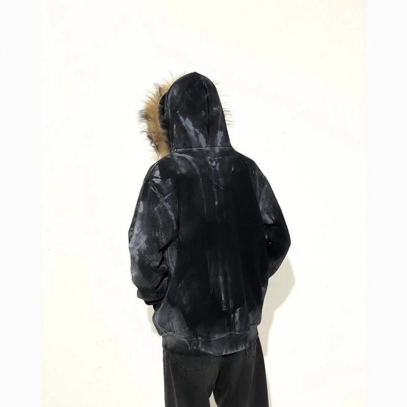 Mens Oversized Hooded Zip-Up Sweatshirt With Graphic Print Vintage Washed Streetwear Style Loose Fit Winter Jacket