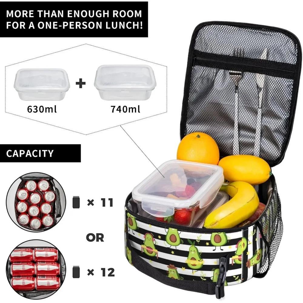 Cute Avocado Lunch Bag Black and White Stripes Thermal Lunch Box Insulated Meal Bag Food Container for School Work Picnic Travel