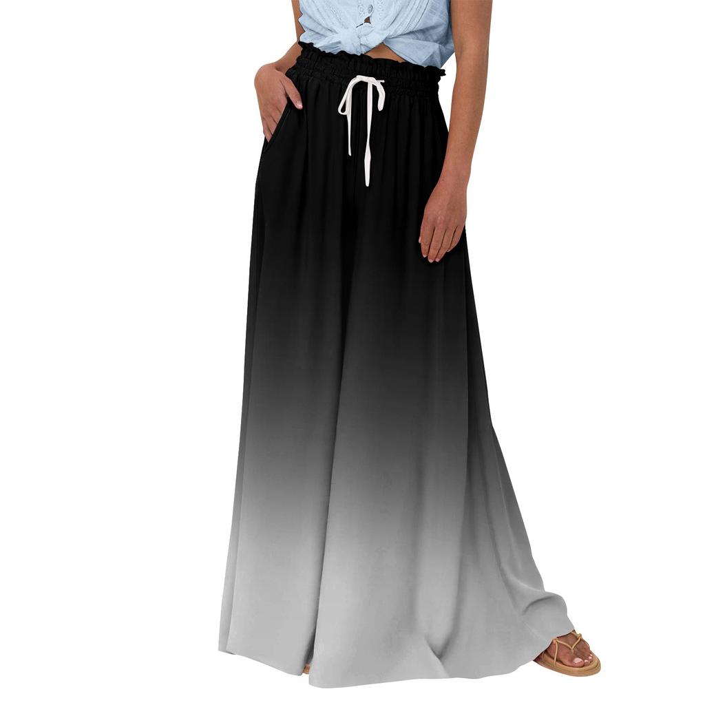 Женские широкие брюки с высокой талией, летние повседневные струящиеся брюки-палаццо, пляжные брюки с принтом и карманом