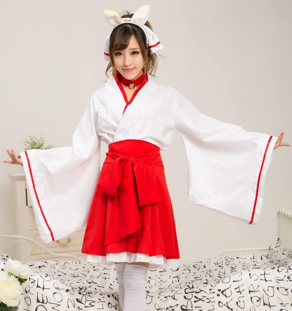 Косплей девицы-святилища, японское платье-лиса, мини-хакама, кимоно, юката, костюм для храма, лисьи уши, красные и белые [Lady Lazy] (M)