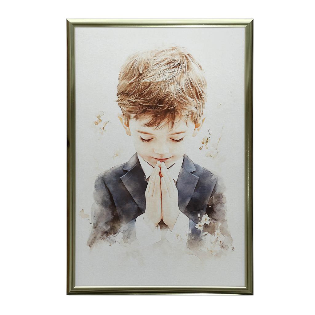 Pierwsza Komunia Święta - Modlący Się Chłopiec Pierwsza Komunia Święta - Modlący Się Chłopiec, 40X50 Cm, Rama Aluminiowa Złota, Papier Matowy 230 Gsm