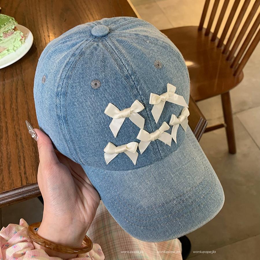 Бейсболка из джинсовой ткани Bow для женщин - легкая, регулируемая посадка, защита от солнца - идеально подходит для любого сезона, корейский стиль, узел-бабочка, кепка-утконос
