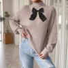 Women's Top Half Turtleneck Pullover Sweater Mesh Bow Splicing Mixed Color Velvet Autumn and Winter Base Shirt