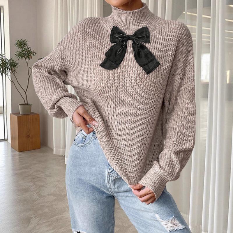 Women's Top Half Turtleneck Pullover Sweater Mesh Bow Splicing Mixed Color Velvet Autumn and Winter Base Shirt