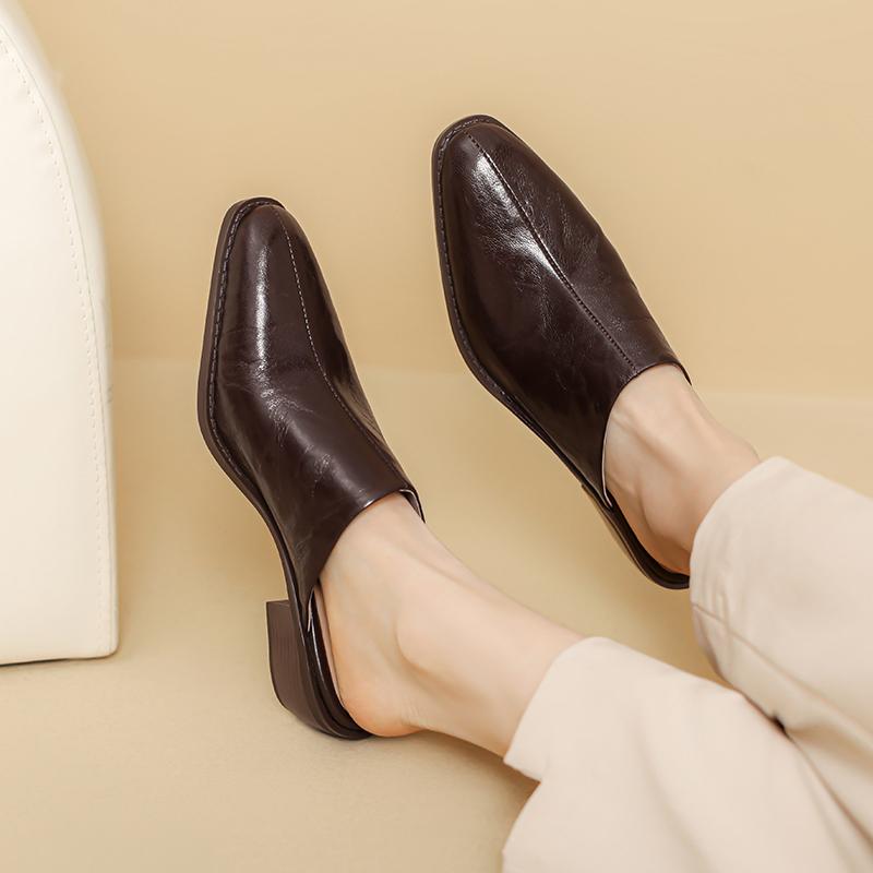 Fashion 2025 New Summer Women Mules Shoes Genuine Leather Shoes for Women Cover Toe Chunky Heel Slippers Round Toe Black Women Sandals