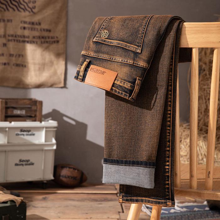 Осенние новые высококачественные потертые джинсы цвета античной бронзы для мужчин, модные брендовые деловые прямые повседневные длинные брюки