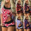 Women Print Pajamas Sleeveless Lace Cami Shorts Lingerie Sleepwear Set