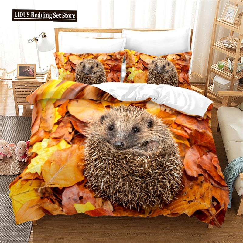 Hedgehog Bedding Set Cute Kawaii Wildlife Comforter Cover With Pillowcases For Kids Boys Girl Polyester Bedding Set King Size