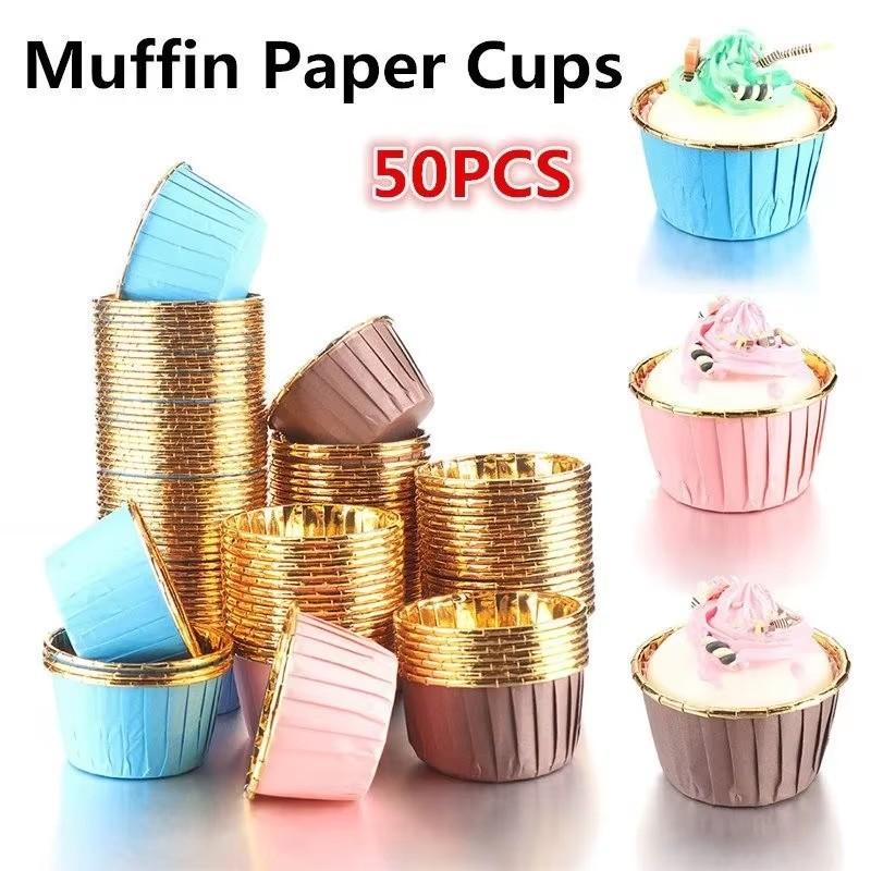 50Pcs Foil Muffin Cupcake Liner Cake Wrappers Holders Baking Cup Tray Case Cake Paper Cups Pastry Tools for Wedding Birthday
