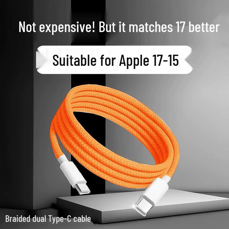 Плетеный зарядный кабель двойного типа Type-C, 60 Вт/100 Вт, Совместим с Apple 15/16/17, Быстрая зарядка PD, Оранжевый