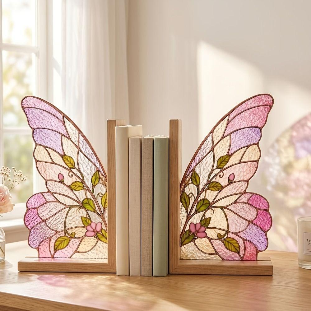 Decorative Butterfly Wings Bookend Set Colorful Book Support with Bases For Bookshelf