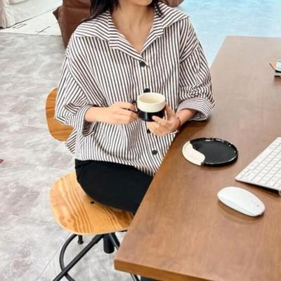 New Arrivals Open Run Drop Shoulder Cotton Shirt Women 7 10 Sleeve Striped
