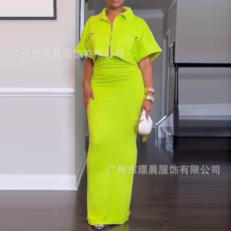 Women's Collar Short Sleeve Two Piece Skirt Suit Cropped Pocket Top High Waist Bodycon Maxi Skirt Elegant Summer Matching Outfit